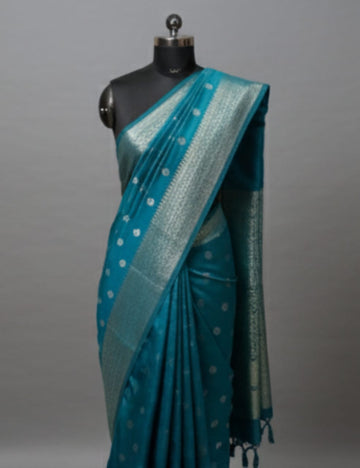 TEAL GREEN TUSSAR SILK SAREE WITH SILVER ZARI BORDER ✨