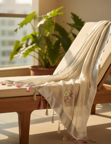 β¨ Elegant Beige Saree with Floral Embroidery & Tassels πΈπ