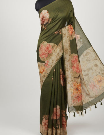Olive Green Jute Silk Saree with Bold Floral Prints & Tassel Finish πΏπΈ