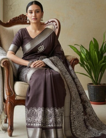 Premium Chocolate Brown Silk Saree with Silver Zari Border