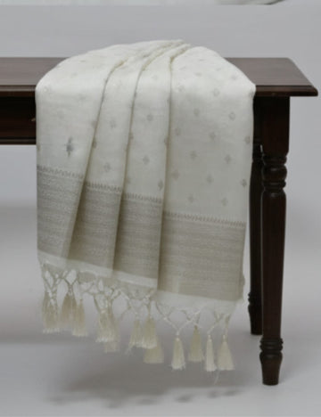 Pure White Tussar Silk Saree with Subtle Woven Motifs & Elegant Zari Border ✨"