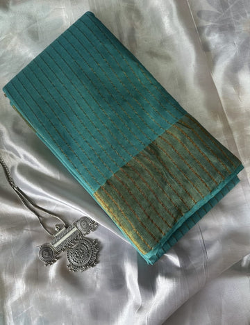 Elegant Aqua Blue Soft Silk Saree with Golden Woven Border