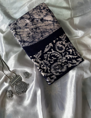 Navy Blue & Cream Dual Colour Batik Pattern Cotton Saree with Contrast Border