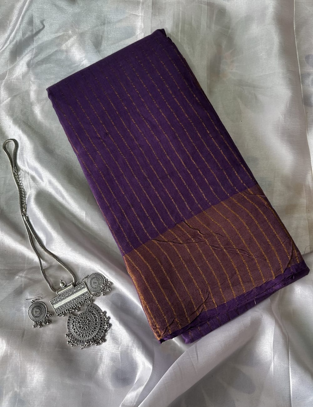 Royal Purple Soft Silk Saree with Golden Stripe Border