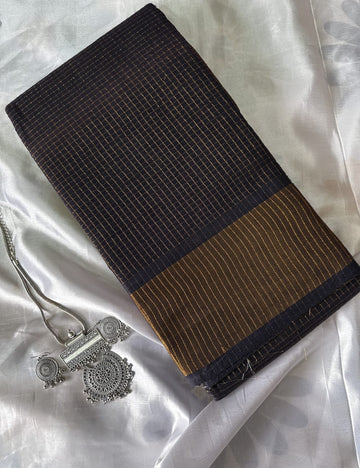 Classic Navy Blue Checked Soft Silk Saree with Elegant Golden Border