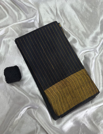 Elegant black Soft Silk Saree with Gold Zari Stripes & Rich Border