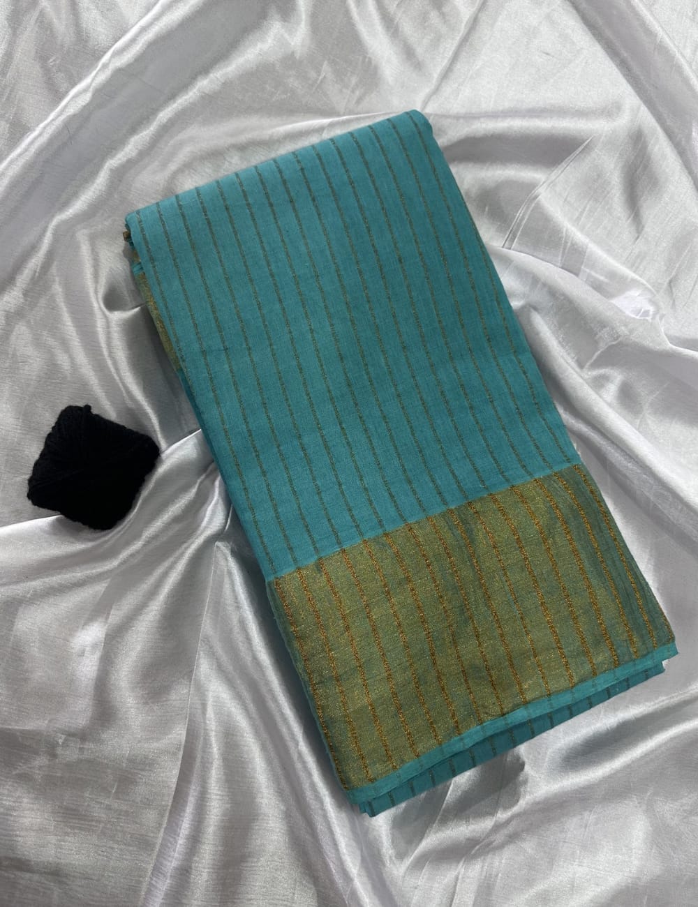 Elegant Turquoise Blue Soft Silk Saree with Golden Stripes