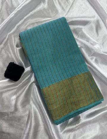 Elegant Turquoise Blue Soft Silk Saree with Golden Stripes