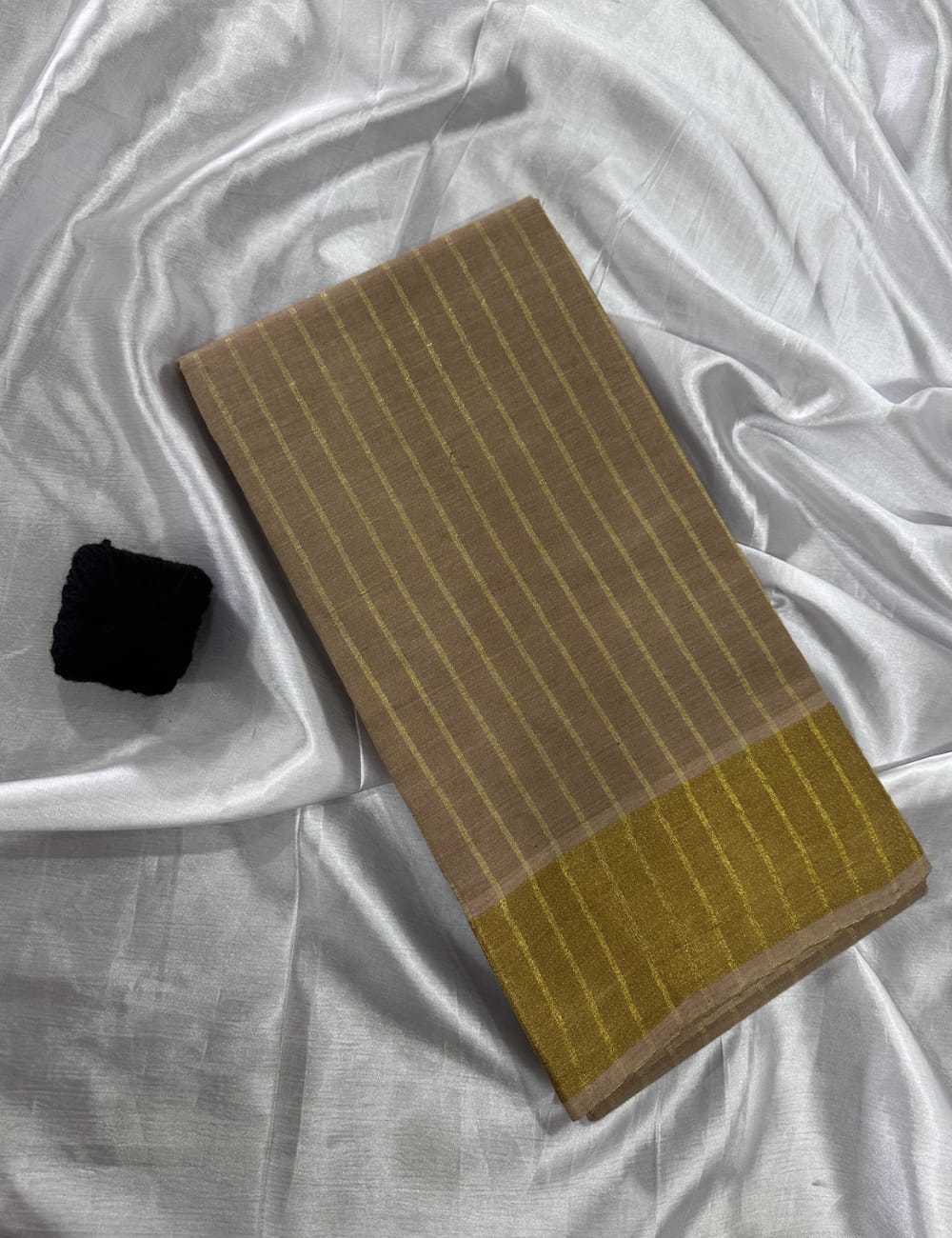 Classic Sandal Brown Soft Silk Saree with Subtle Gold Stripes