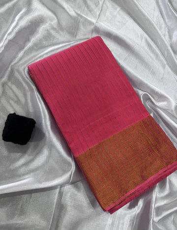 Trendy Rani Pink Soft Silk Saree with Golden Striped Pattern