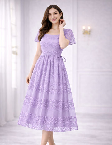 Elegant Lavender Net Lace Maxi Dress for Women | Party Wear Long Frock