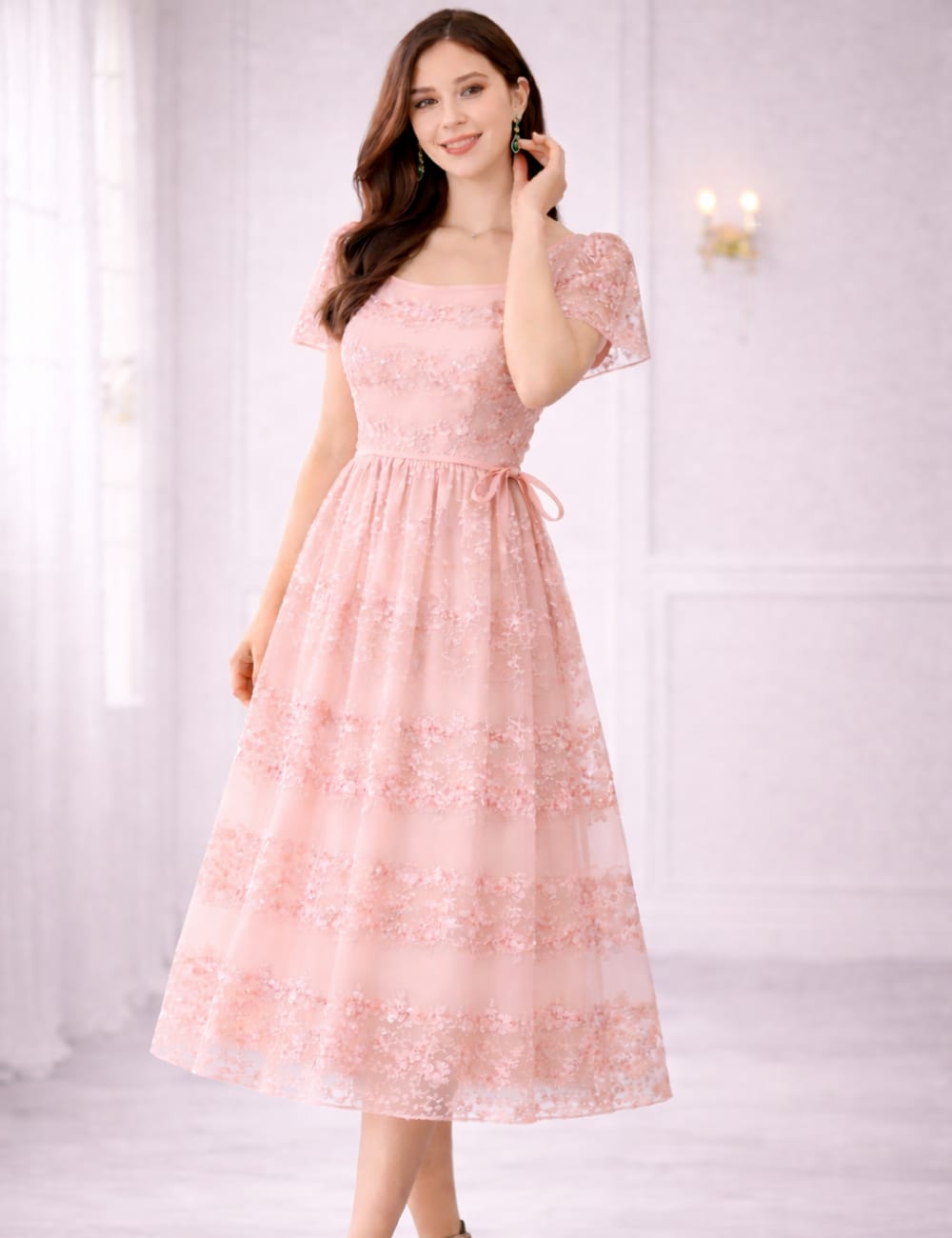 Elegant Peach Net Lace Maxi Dress for Women | Party Wear Long Frock