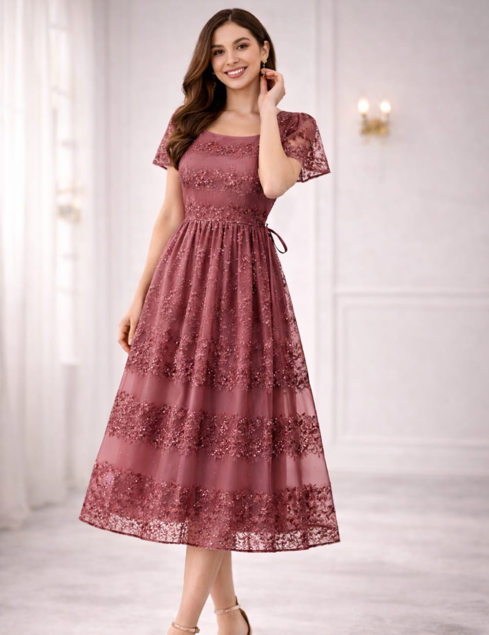 Elegant Maroon Floral Net Maxi Dress for Women