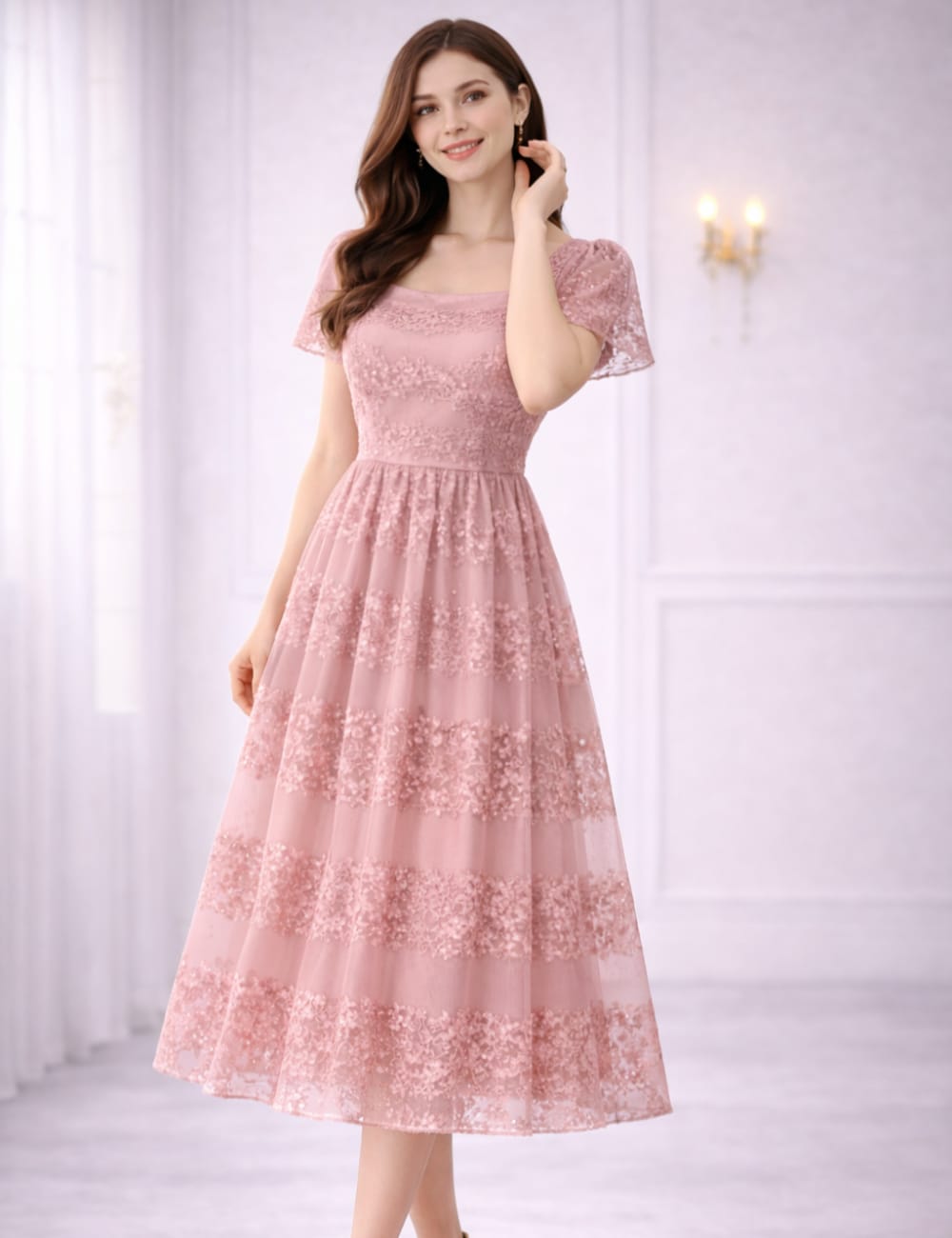 Elegant Dusty Rose Pink Net Lace Maxi Dress for Women | Party Wear Long Frock