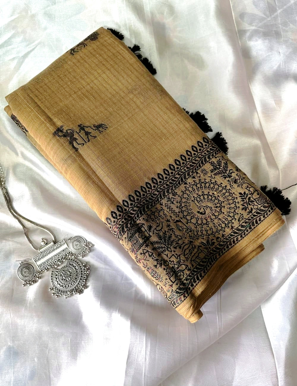Beige Sandalwood Shade Soft Cotton Saree with Black Tribal Print & Tassel Border