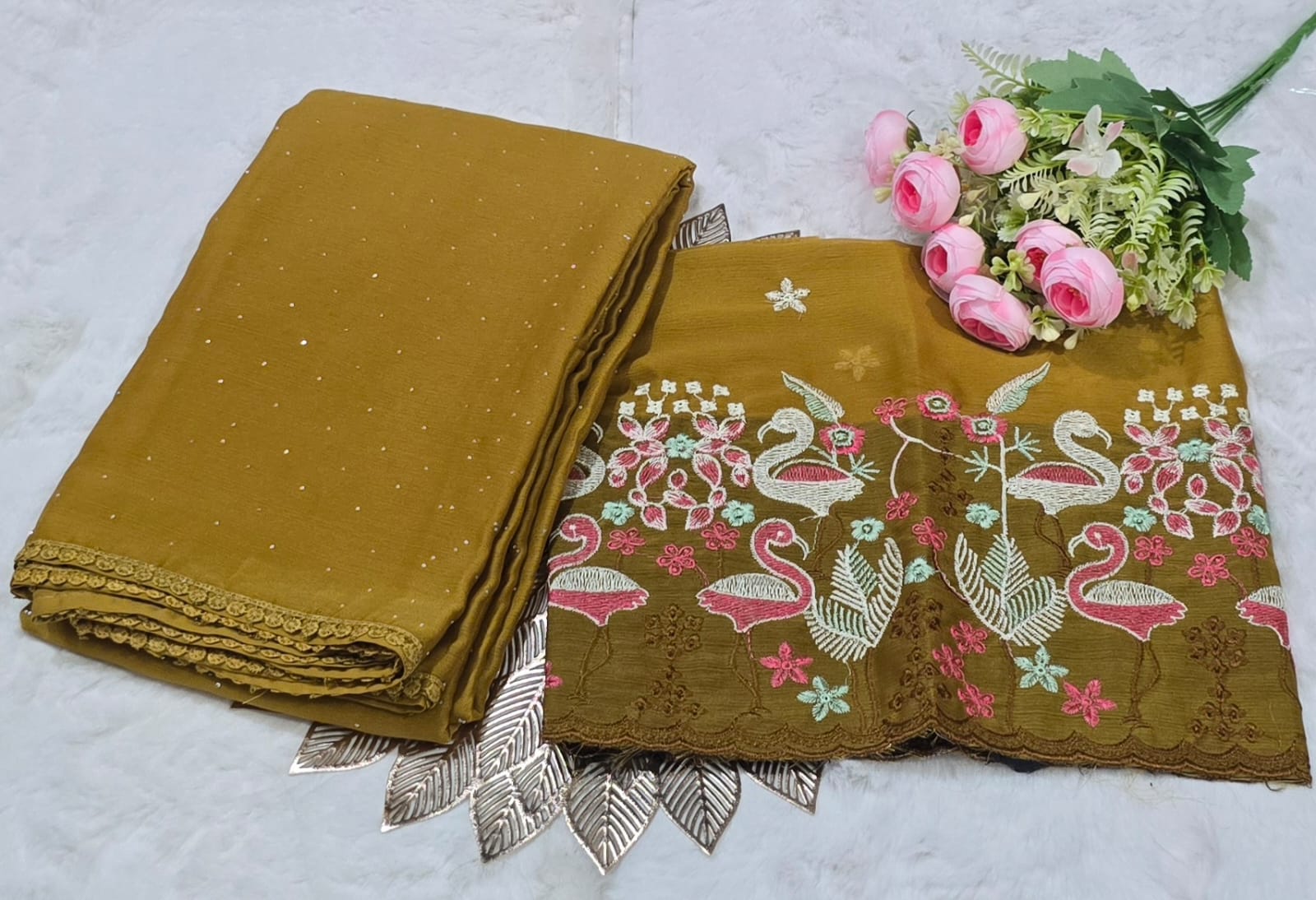 Mustard Poonam Silk Saree with Elegant Swan Embroidery