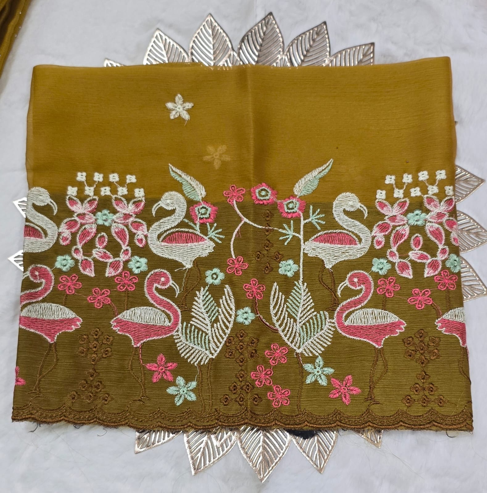 Mustard Poonam Silk Saree with Elegant Swan Embroidery