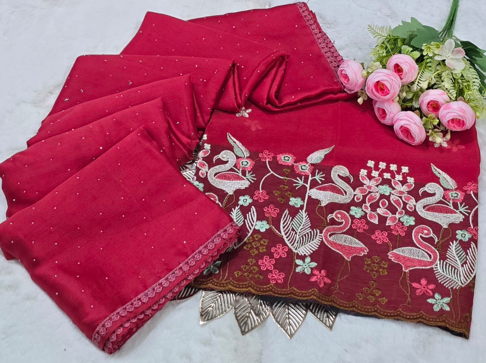 Crimson Red Poonam Silk Saree with Swan Embroidery and Floral Detailing