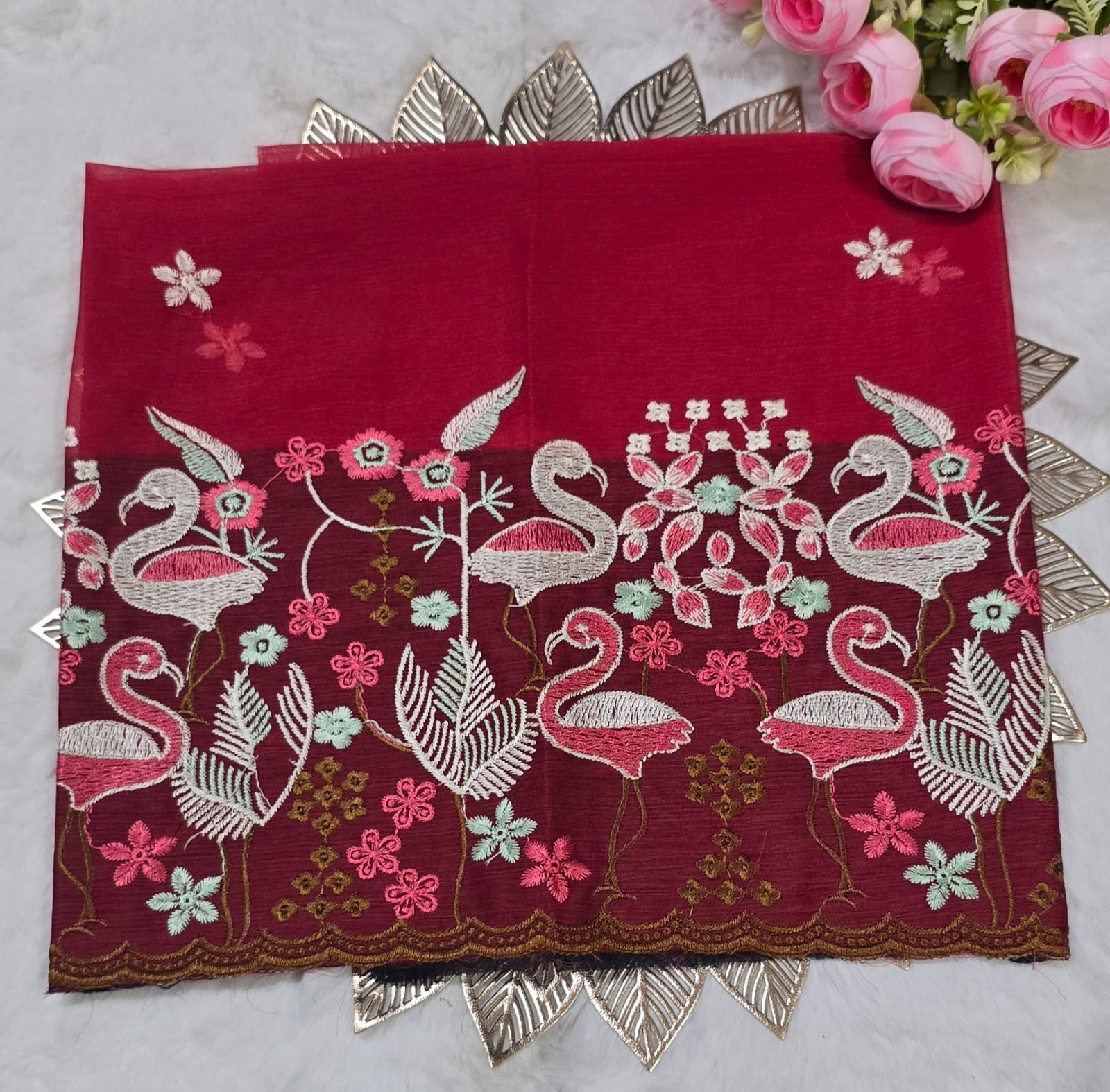 Crimson Red Poonam Silk Saree with Swan Embroidery and Floral Detailing