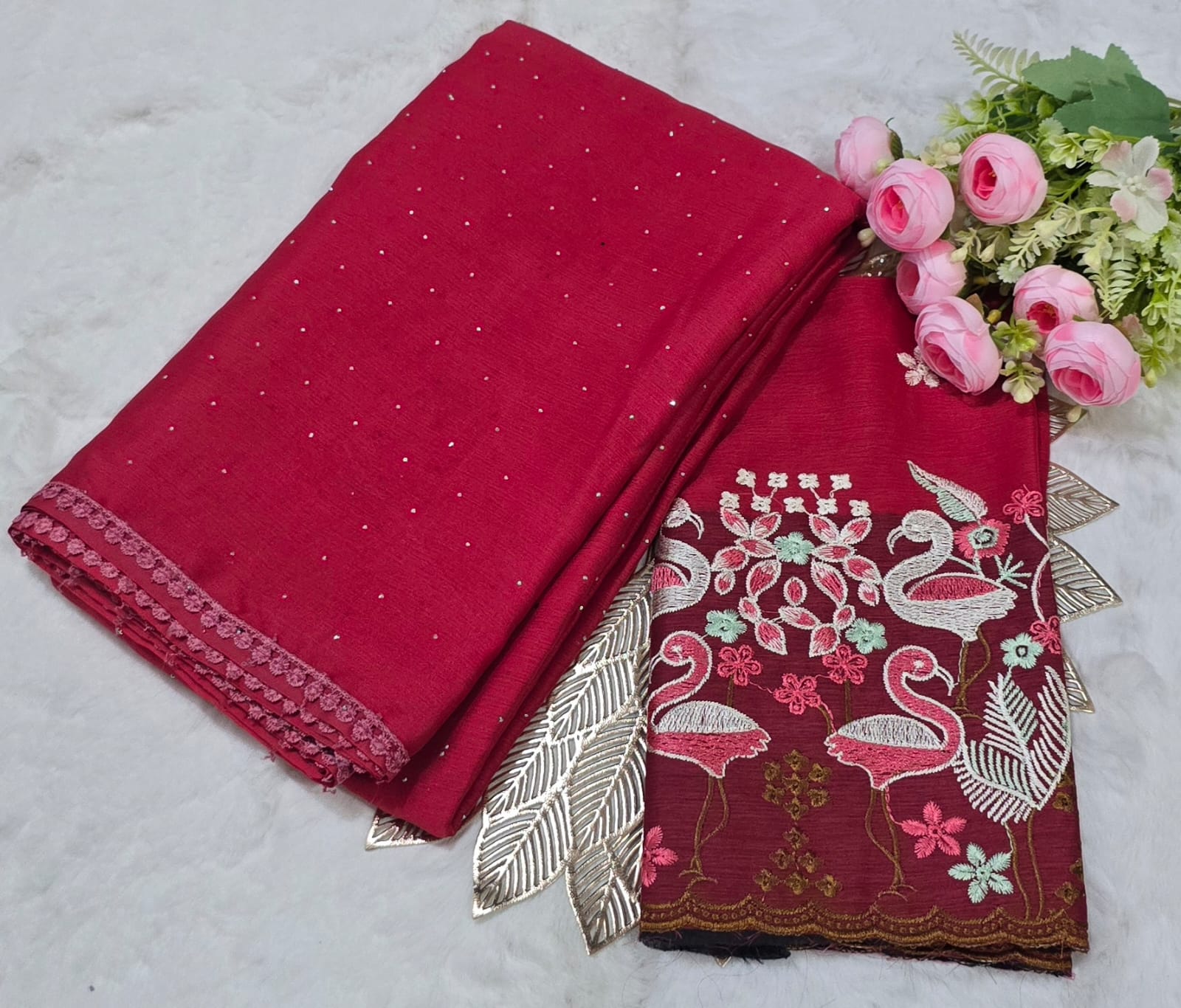 Crimson Red Poonam Silk Saree with Swan Embroidery and Floral Detailing