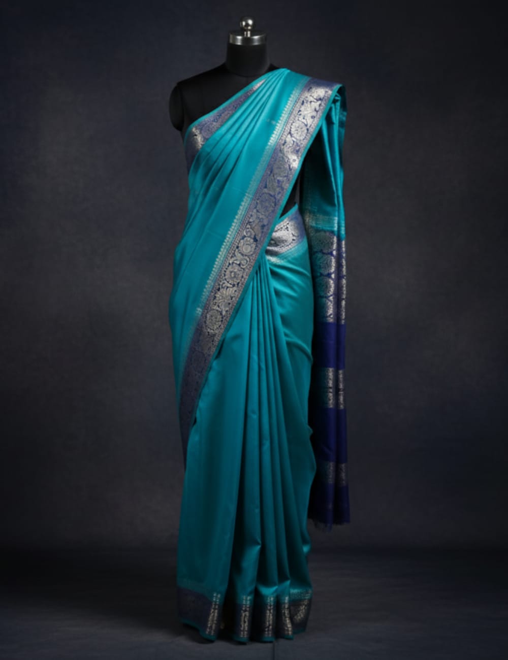 “Teal Crepe Silk Saree with Elegant Dark Navy Blue Border”