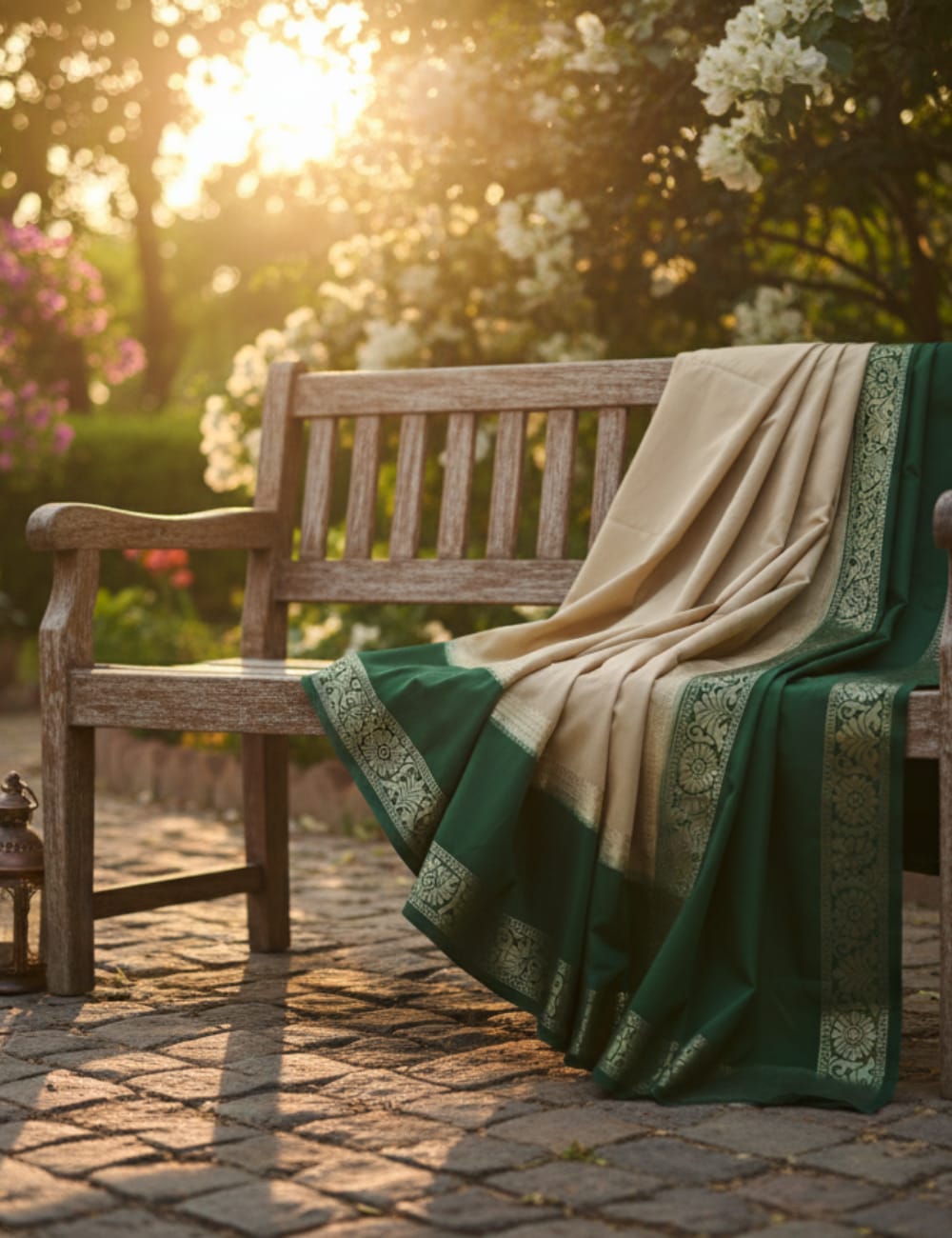 "GOLDEN CREPE SILK WITH CLASSIC GREEN CHARM"