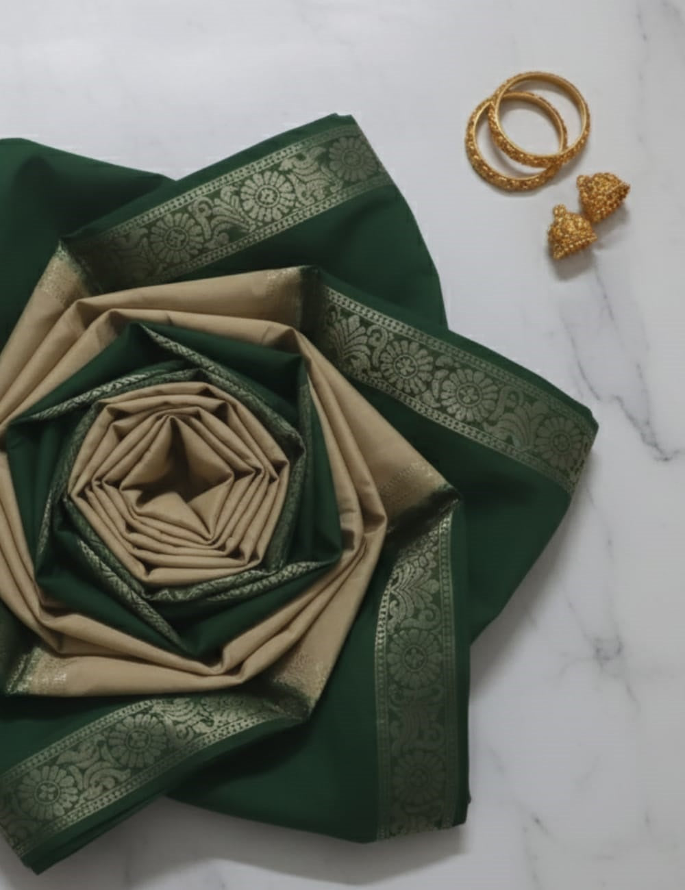 "GOLDEN CREPE SILK WITH CLASSIC GREEN CHARM"