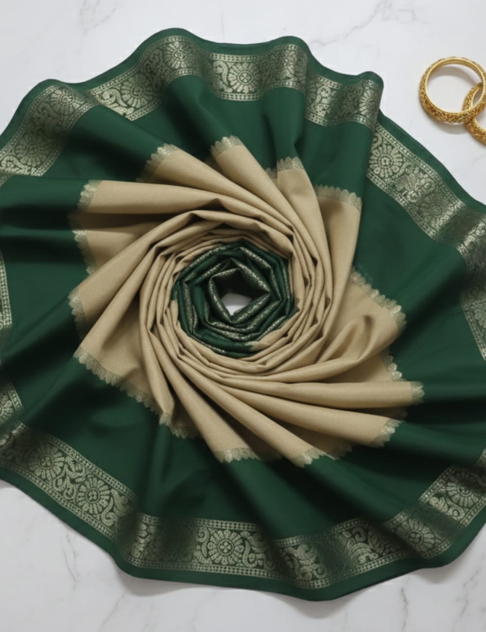 "GOLDEN CREPE SILK WITH CLASSIC GREEN CHARM"