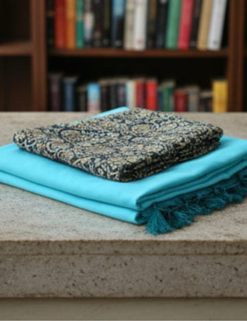 Premium Linen Cotton Saree with Floral Printed Pallu – Turquoise Elegance