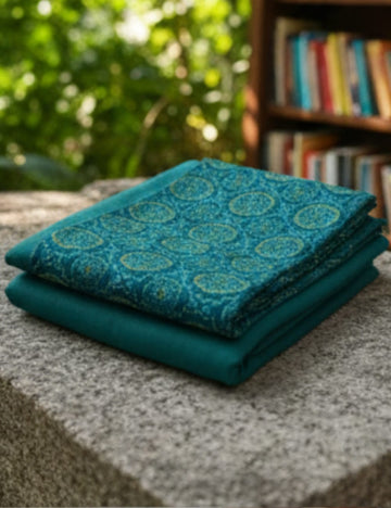 Premium Linen Cotton Saree with Aqua-Golden Motifs – Teal Grace