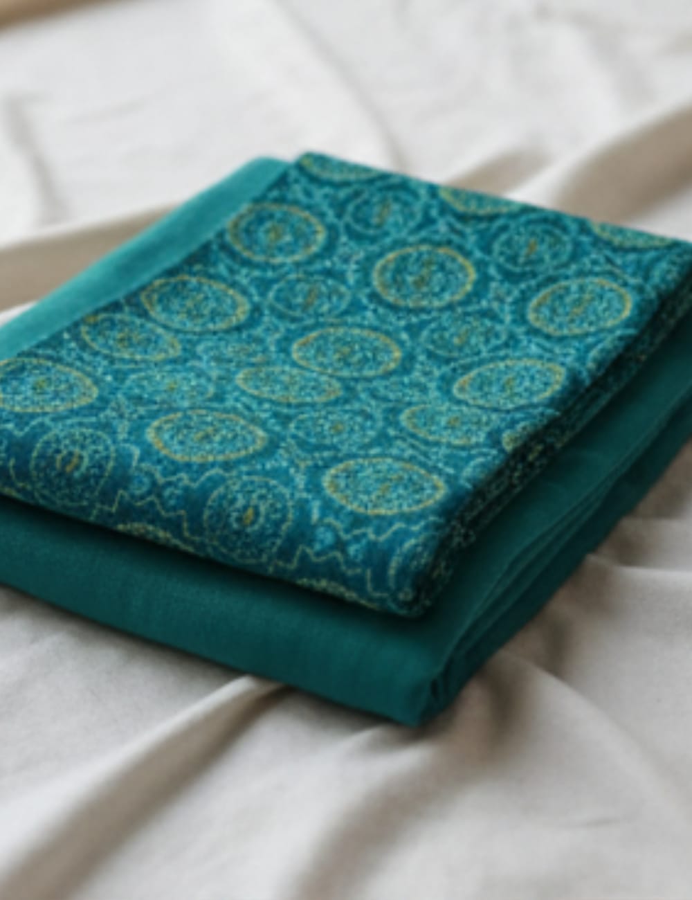 Premium Linen Cotton Saree with Aqua-Golden Motifs – Teal Grace