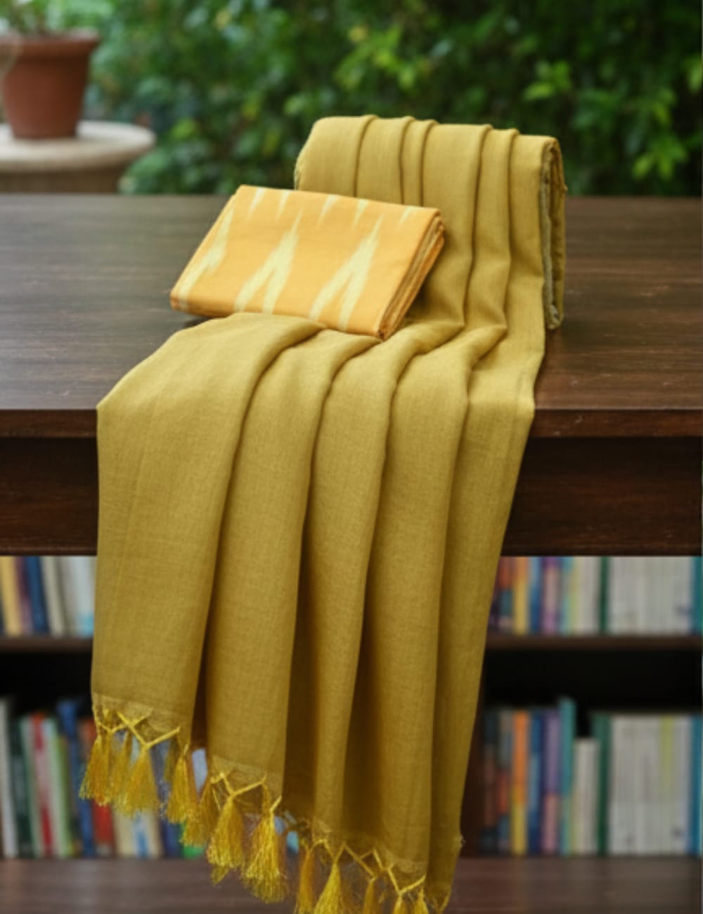 Premium Linen Cotton Saree with Ikat Patterned Pallu – Sunshine Mustard Glow