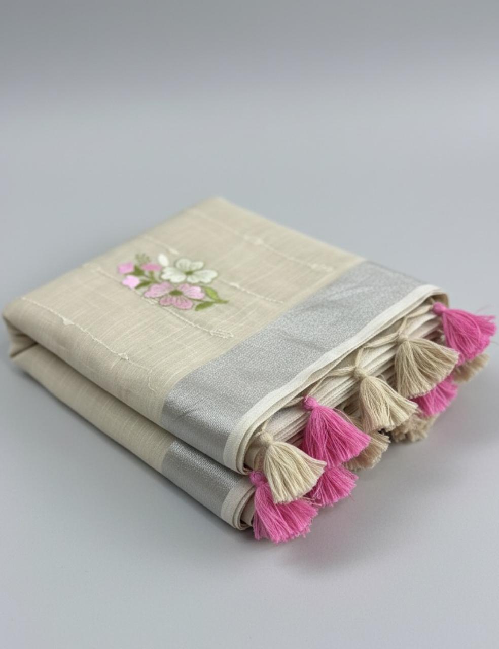 ✨ Elegant Beige Saree with Floral Embroidery & Tassels 🌸🎀
