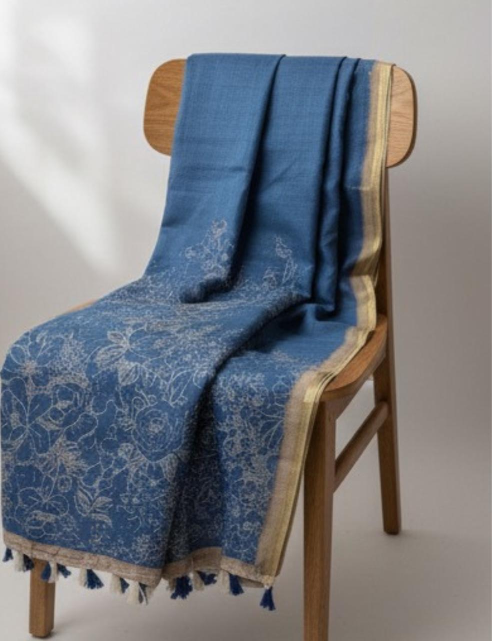 Royal Blue Jute Silk Saree with Golden Border & Floral Weave 🌸✨