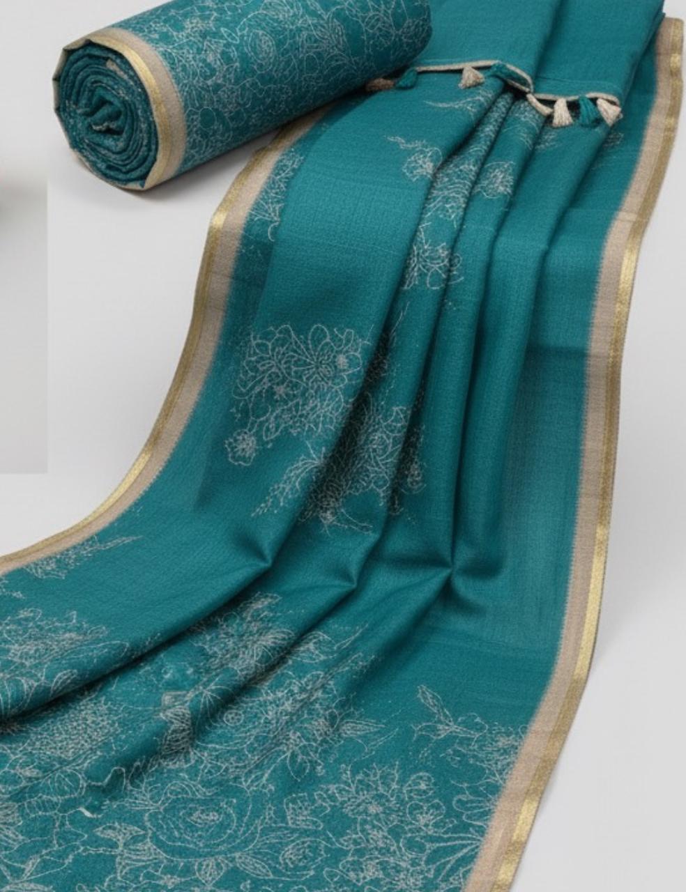 Teal Green Jute Silk Saree with Golden Border & Floral Weave 🌿✨