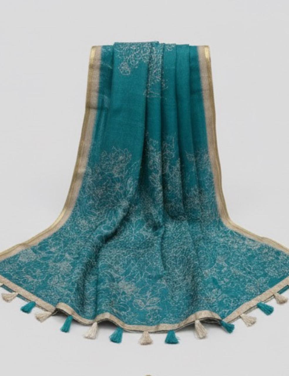 Teal Green Jute Silk Saree with Golden Border & Floral Weave 🌿✨