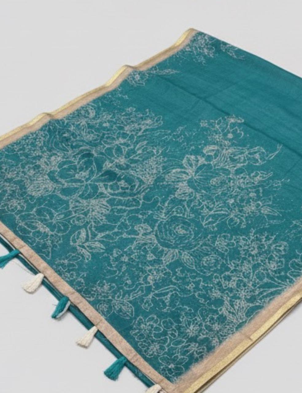 Teal Green Jute Silk Saree with Golden Border & Floral Weave 🌿✨