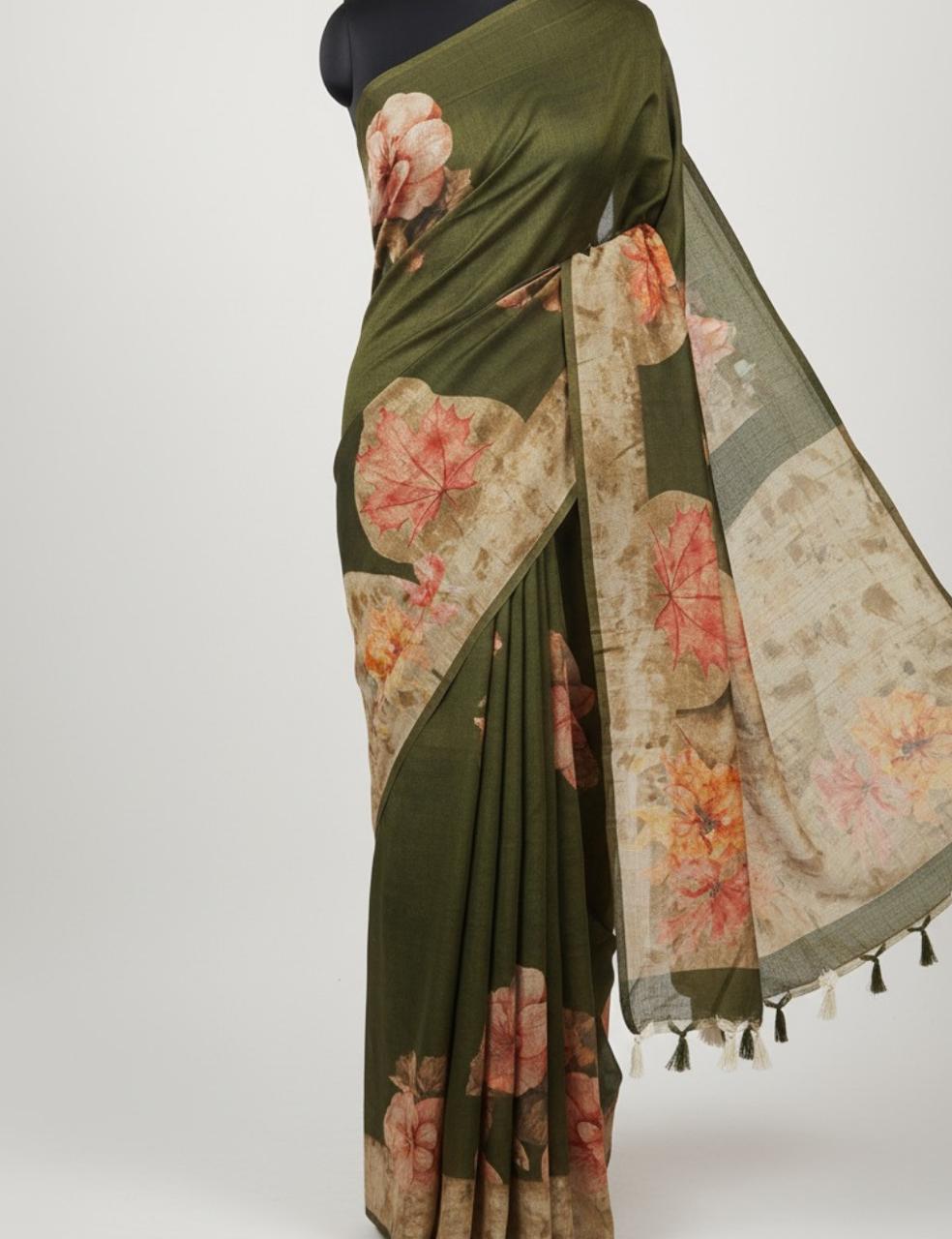 Olive Green Jute Silk Saree with Bold Floral Prints & Tassel Finish 🌿🌸