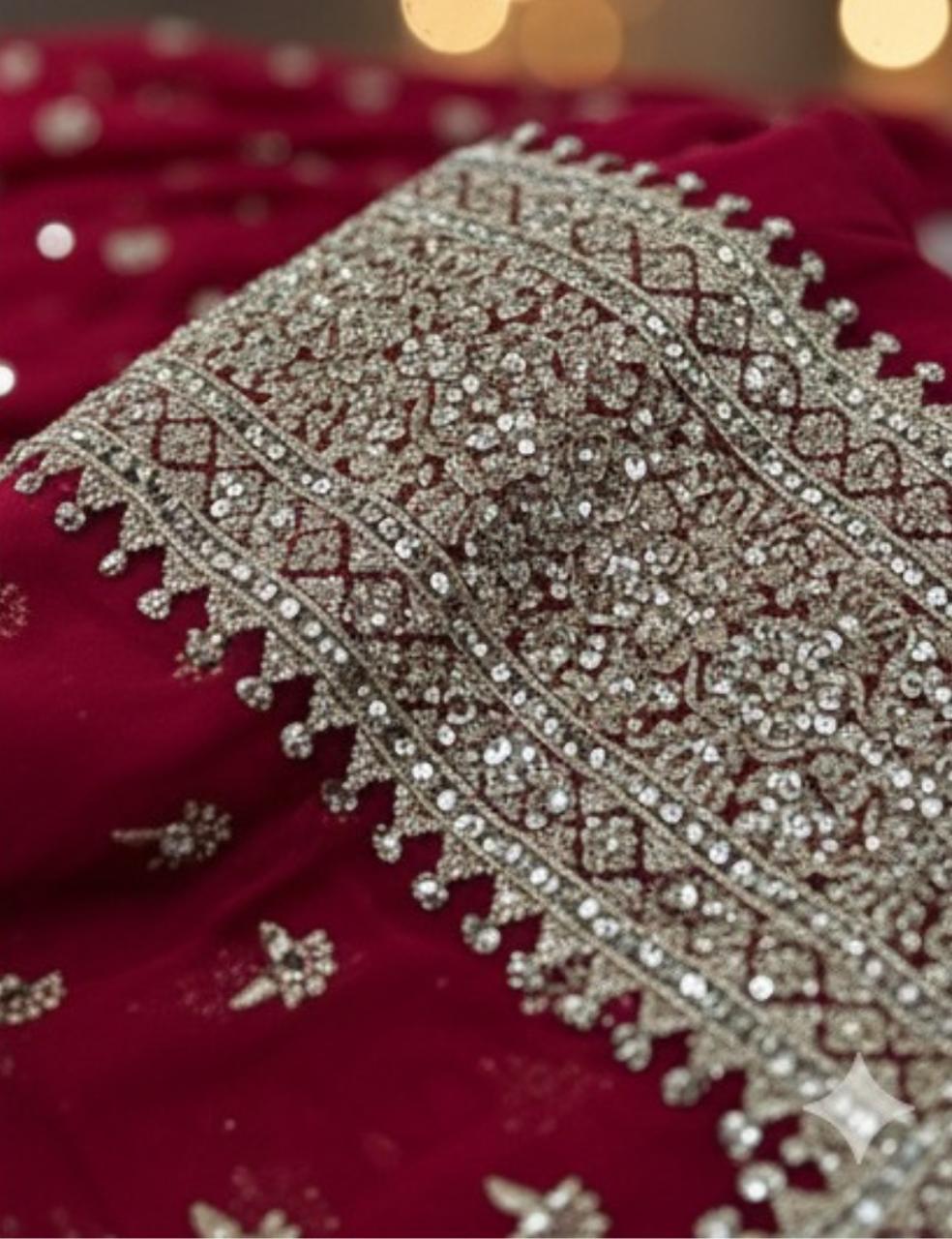 DARK RED PARTY WEAR SAREE WITH HEAVY SILVER EMBROIDERY BORDER ✨