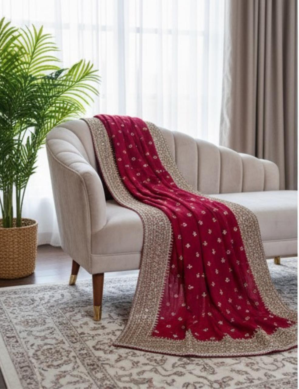 DARK RED PARTY WEAR SAREE WITH HEAVY SILVER EMBROIDERY BORDER ✨