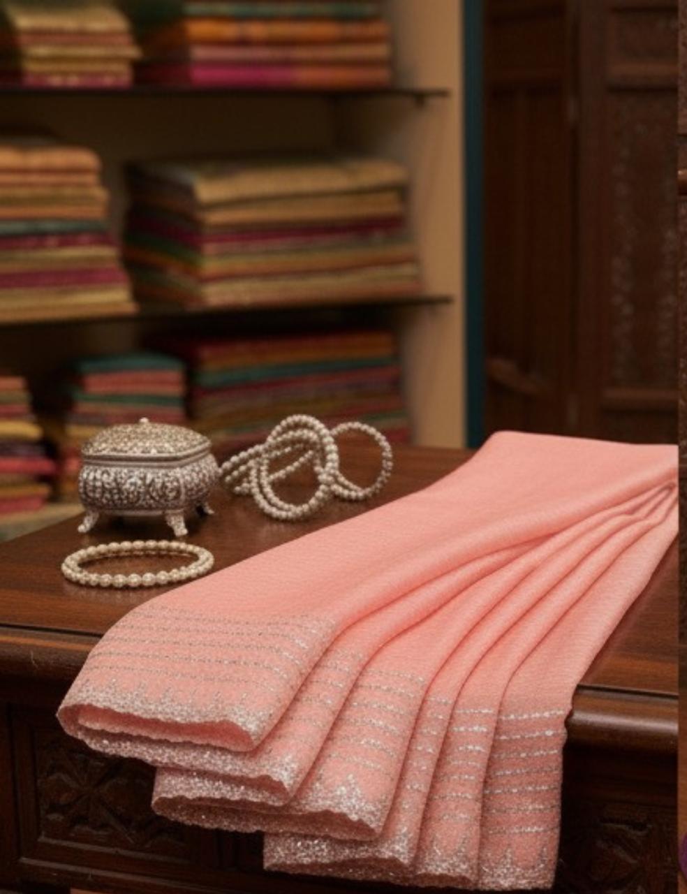 Pink Silk Saree with Silver Stone Border Work ✨