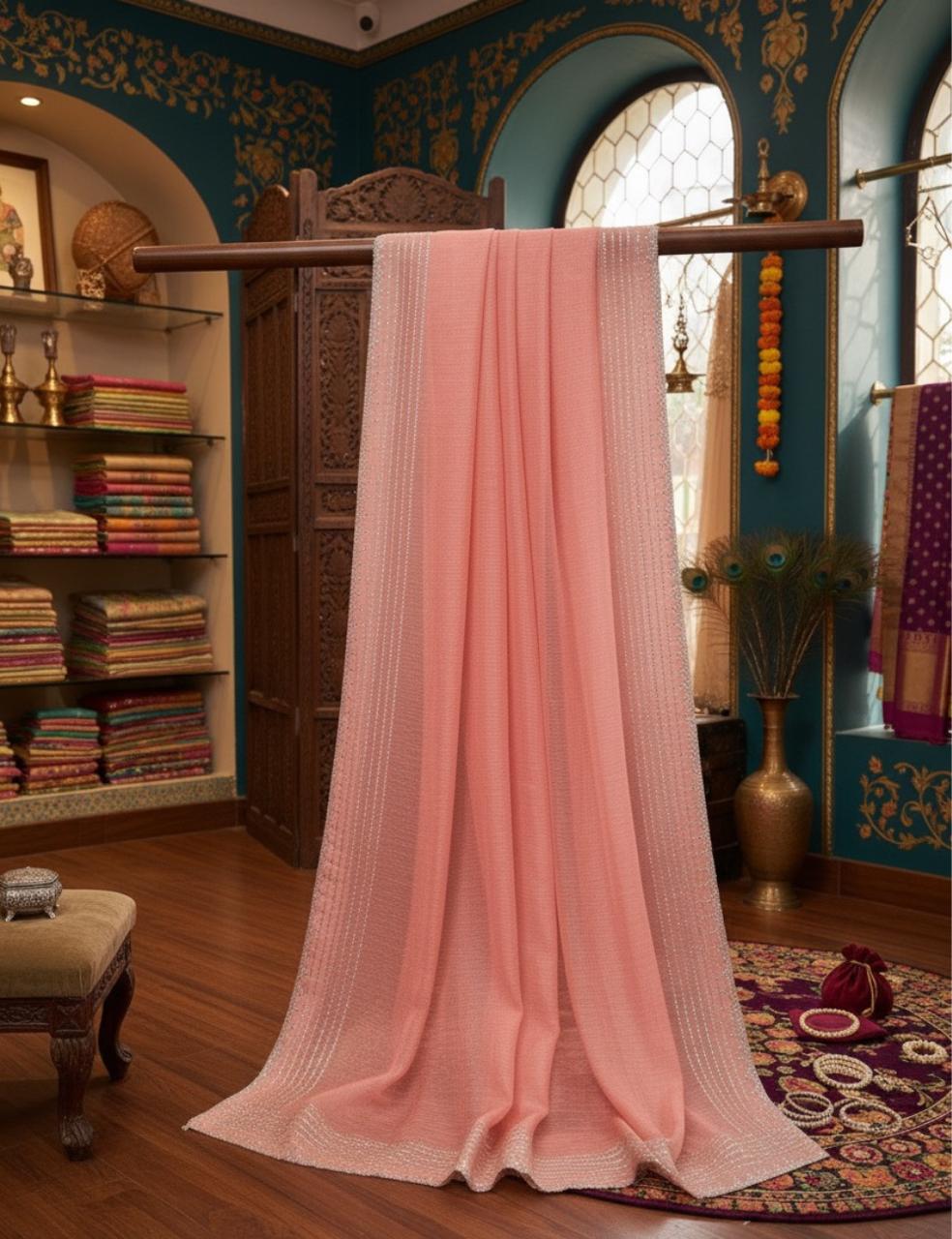 Pink Silk Saree with Silver Stone Border Work ✨