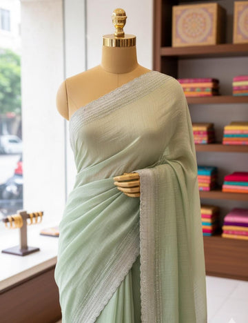 "Pastel Green Silk Saree with Elegant Border ✨"