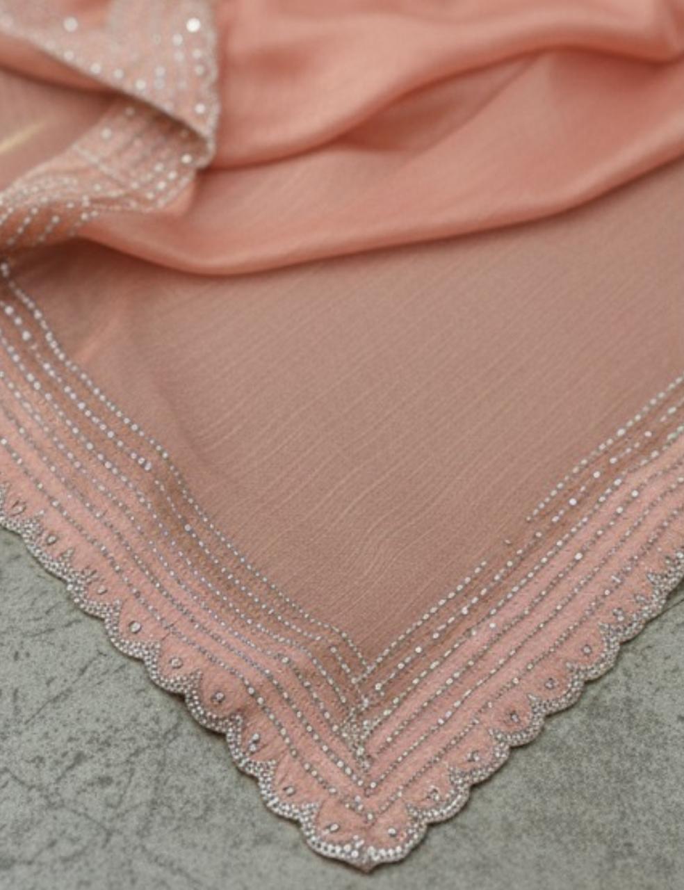 Peach Silk Saree with Silver Stone Border Work ✨