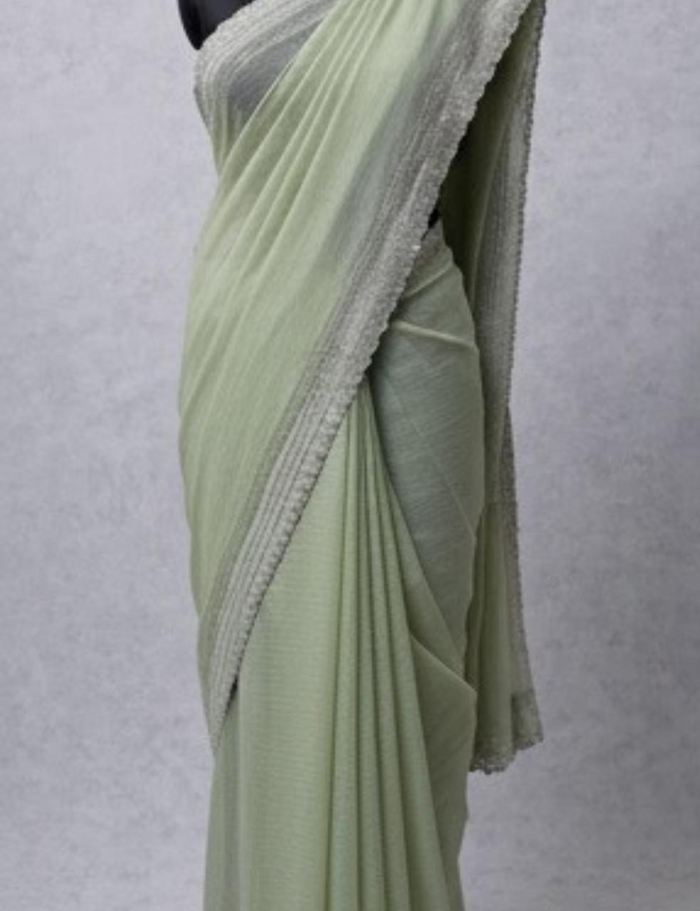 "Pastel Green Silk Saree with Elegant Border ✨"