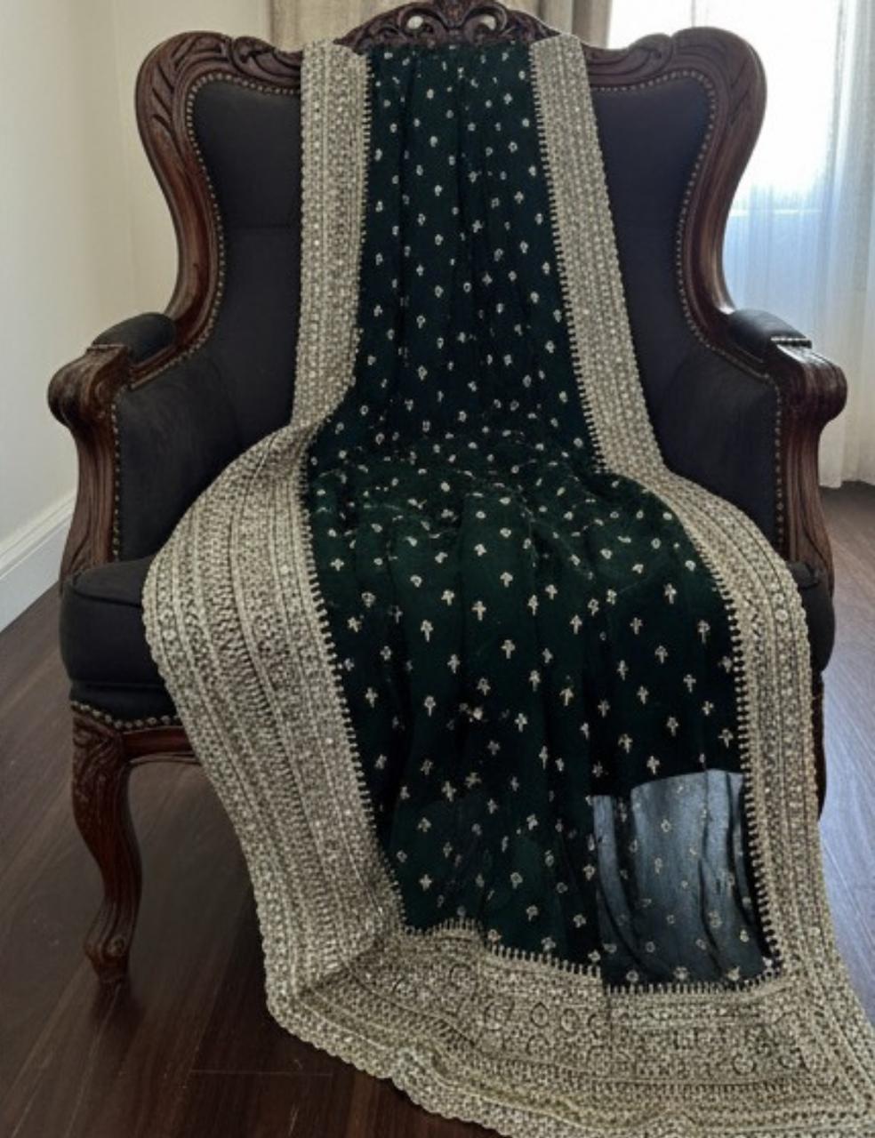 DARK GREEN PARTY WEAR SAREE WITH HEAVY SILVER EMBROIDERY BORDER ✨
