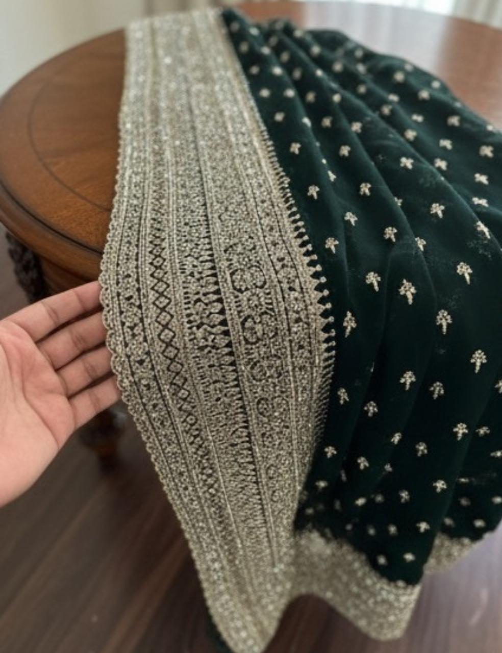 DARK GREEN PARTY WEAR SAREE WITH HEAVY SILVER EMBROIDERY BORDER ✨