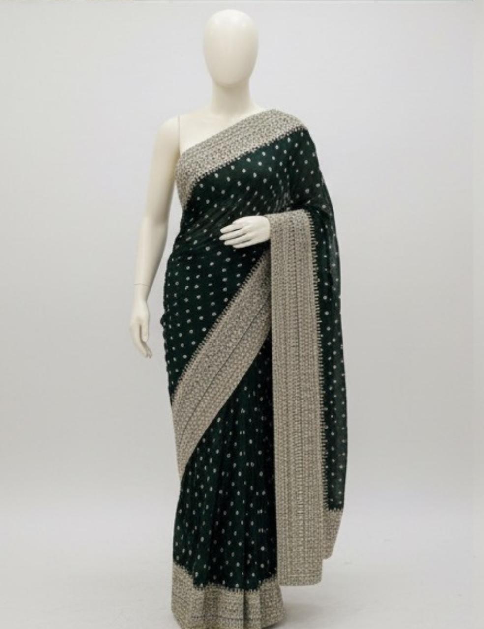 DARK GREEN PARTY WEAR SAREE WITH HEAVY SILVER EMBROIDERY BORDER ✨
