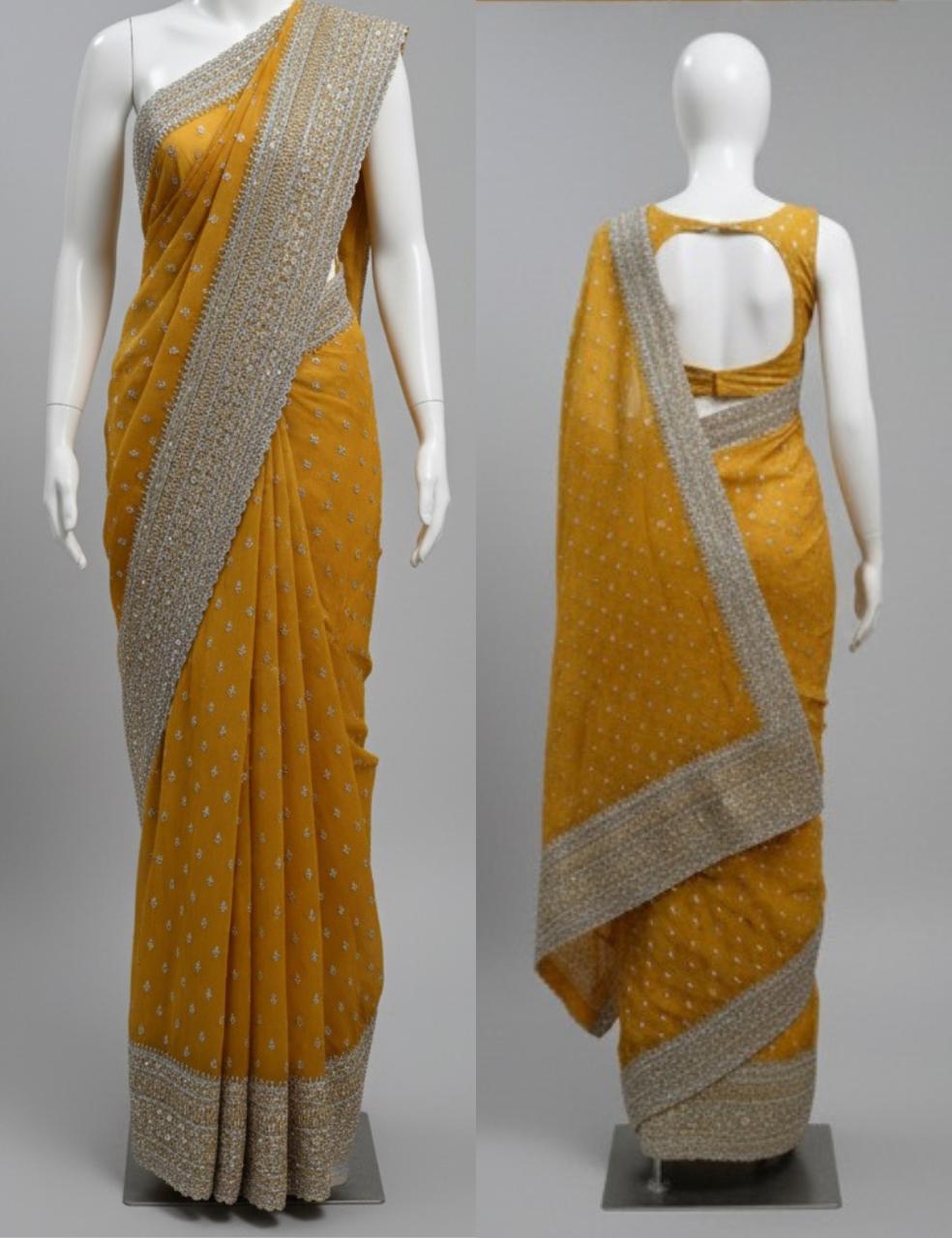 MANGO YELLOW PARTY WEAR SAREE WITH HEAVY SILVER EMBROIDERY BORDER ✨