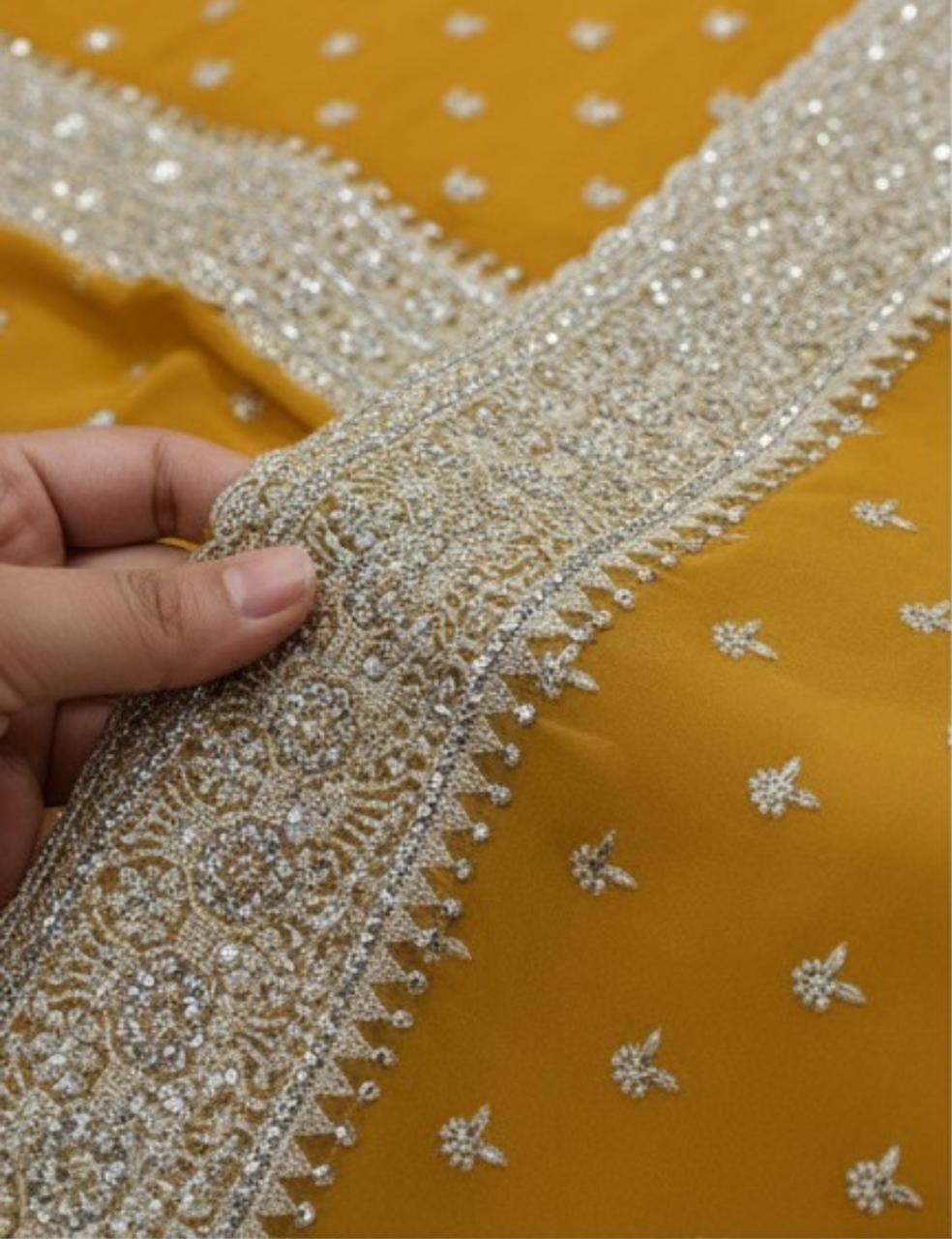 MANGO YELLOW PARTY WEAR SAREE WITH HEAVY SILVER EMBROIDERY BORDER ✨